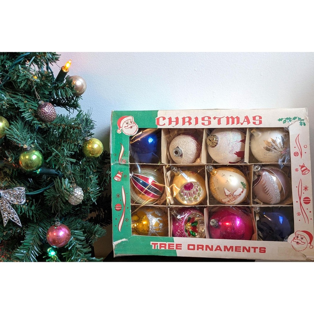 Vintage Glass Christmas Ornaments Boxed Set 12 Mercury Reflector MCM Decor